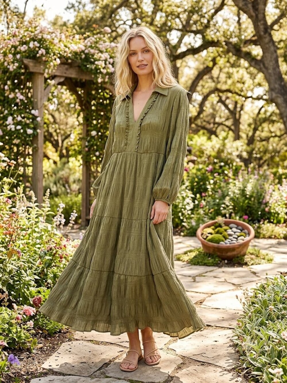 Women's Olive Green Crinkle Midi Dress size 1X Beautiful ! LQQK!